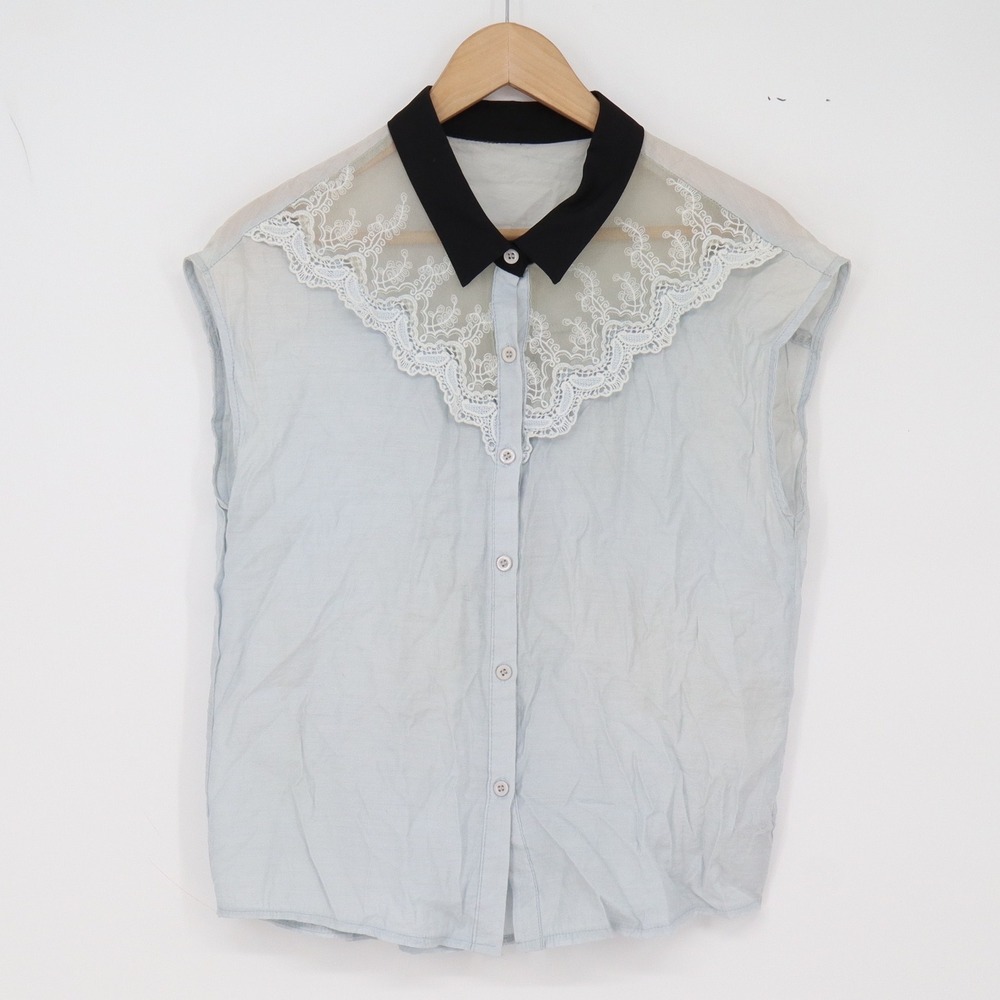 AS.C Top Womens M Sleeveless Button-Down Blue Lace Bib Contrast Collar Excellent